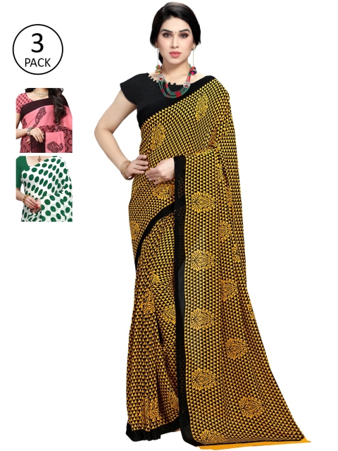 

KALINI Pack Of 3 Poly Georgette Printed Sarees, Green