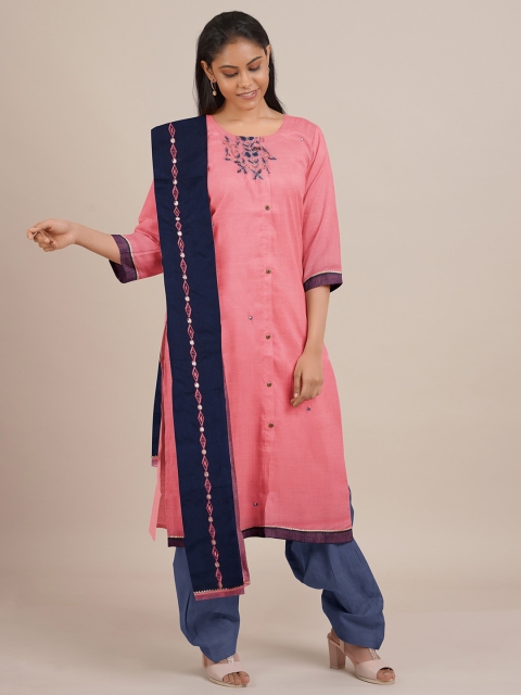

Pothys Pink & Blue Printed Unstitched Dress Material