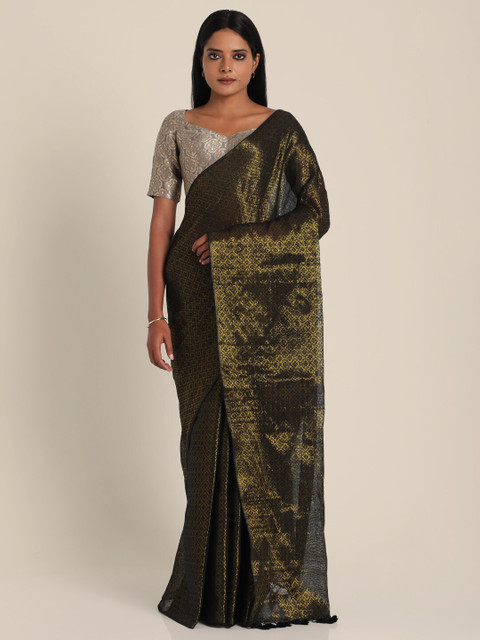 

Suta Black & Gold-Toned Woven Design Zari Pure Cotton Saree