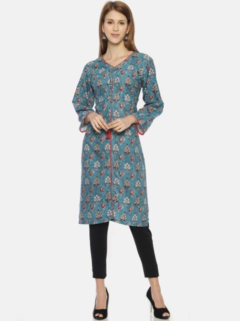 

Resha Women Blue Ethnic Motifs Screen Printed Bell Sleeves Kurta