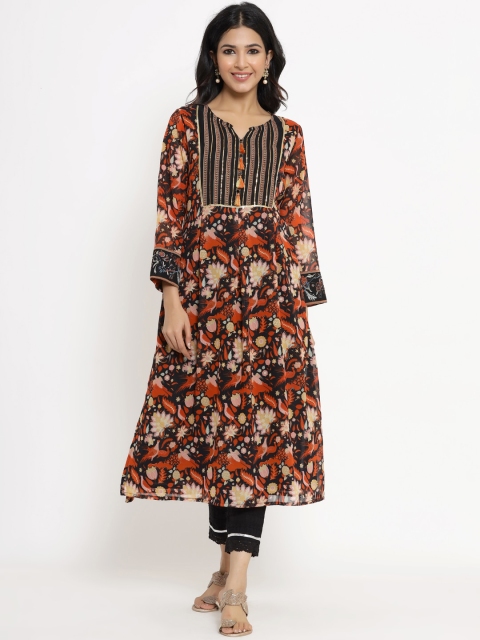 

Juniper Women Black & Orange Floral Printed Georgette Anarkali Kurta