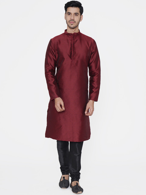 

TABARD Men Red Ethnic Motifs Micro Printed Dupion Silk Kurta with Pyjamas