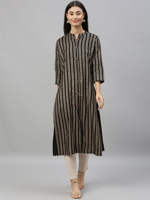 

Ishin Women Black & Beige Geometric Striped Kurta