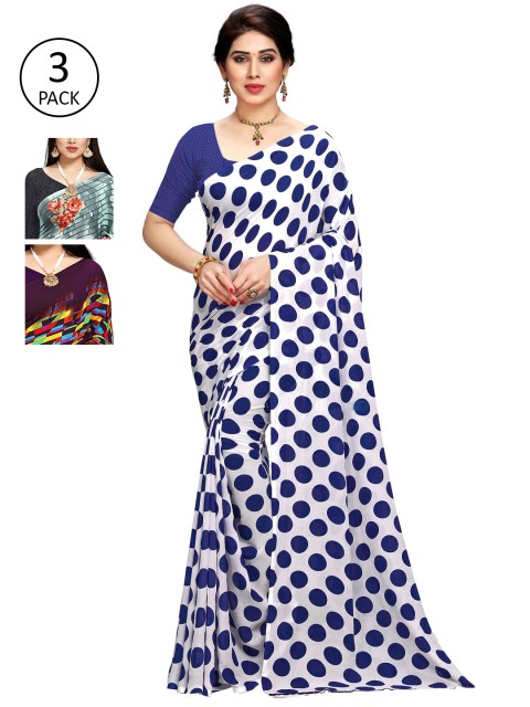 

KALINI Pack Of 3 Poly Georgette Sarees, White
