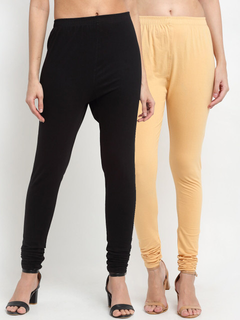 

NEUDIS Women Beige & Black Pack of 2 Solid Churidar- Length Leggings