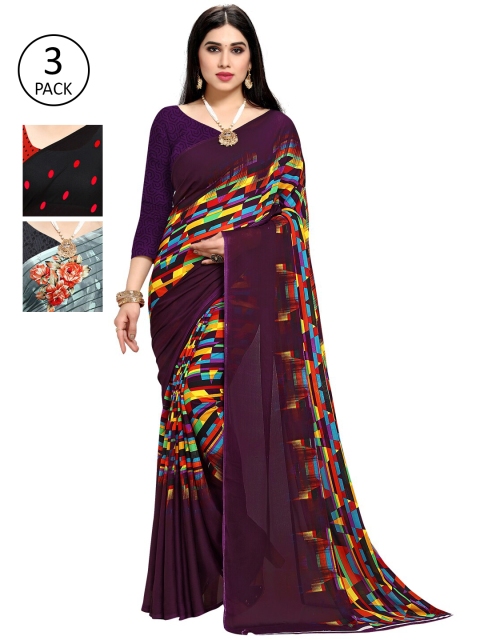 

KALINI Pack of 3 Poly Georgette Sarees, Purple
