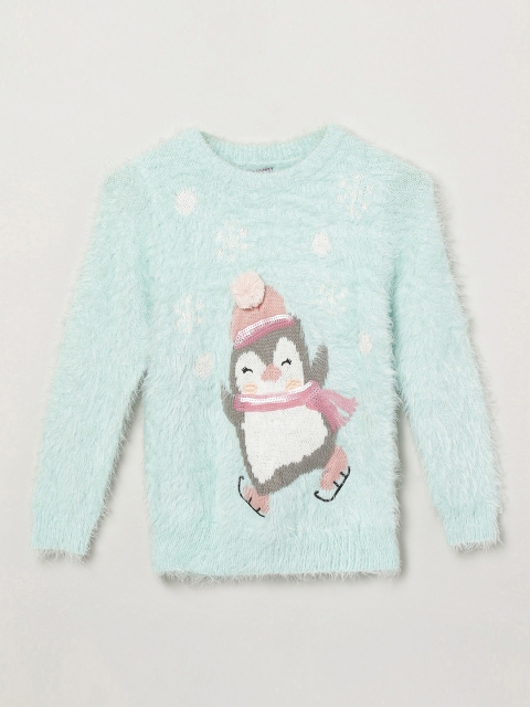 

max Girls Turquoise Blue Penguin Woven Design Pullover