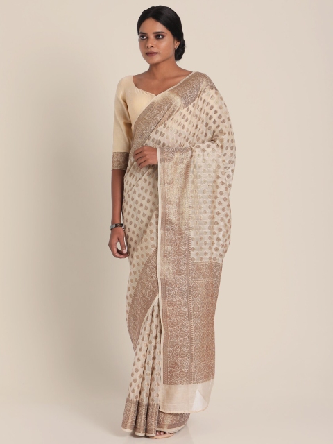 

Suta Off White & Silver-Coloured Ethnic Motifs Pure Silk Banarasi Saree