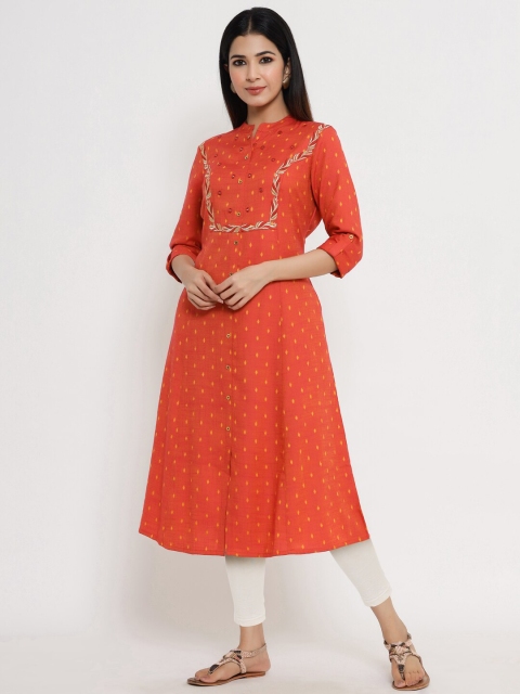 

Sangria Women Orange & Red Ethnic Motifs Embroidered Thread Work Kurta