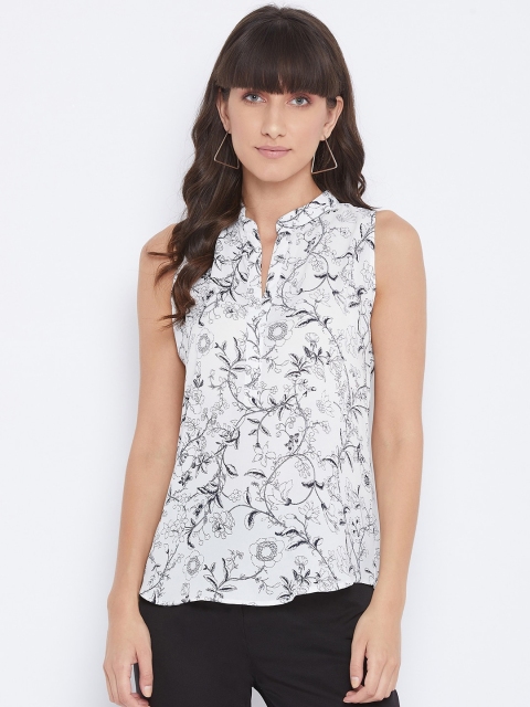 SECRETS BY ZEROKAATA White Floral Mandarin Collar Crepe Regular Top