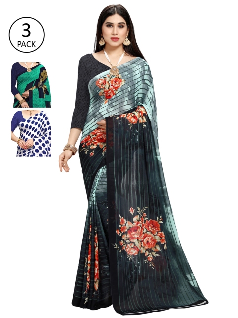 KALINI Pack of 3 Poly Georgette Sarees, Blue