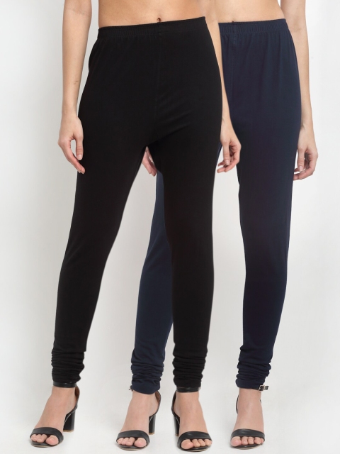 

NEUDIS Women Black & Navy Blue Pack of 2 Solid Churidar- Length Leggings