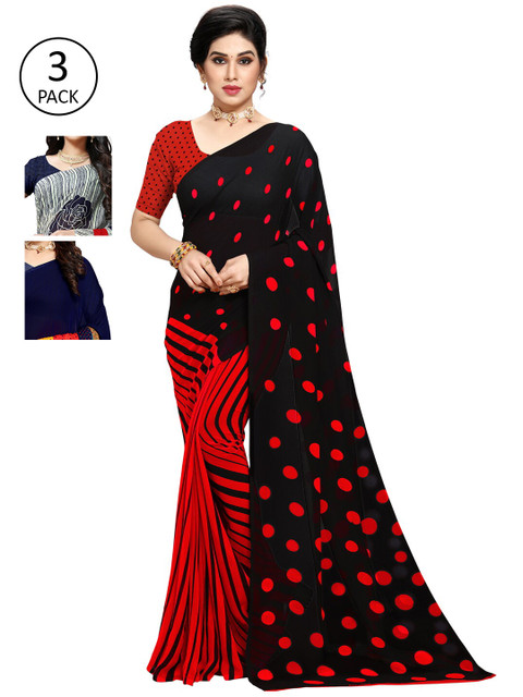 

KALINI Women Pack of 3 Printed Sarees, Navy blue