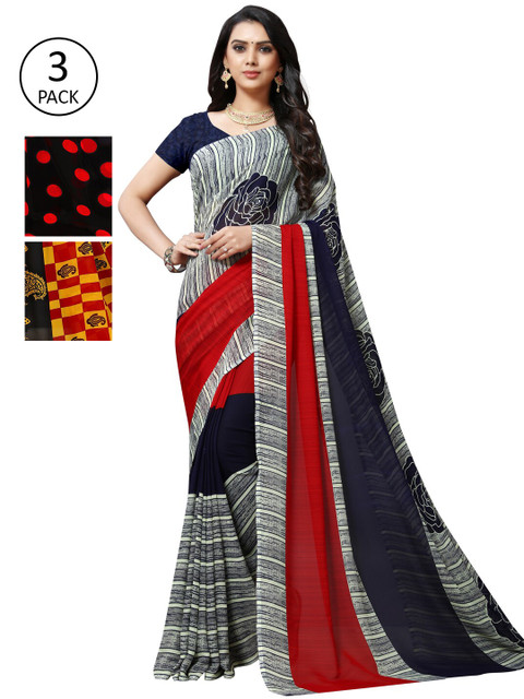 

KALINI Women Pack of 3 Printed Poly Georgette Sarees, Red