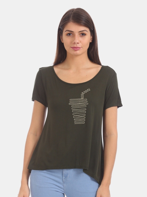 

Sugr Women Olive Green Embroidered T-shirt