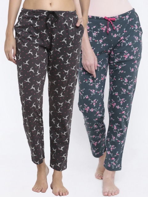 

Kanvin Women Pack Of 2 Printed Pure Cotton Lounge Pants, Charcoal