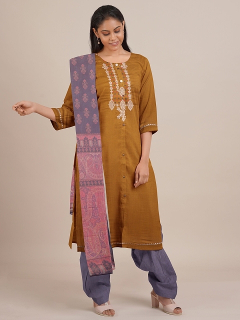 

Pothys Mustard Yellow & Pink Printed Unstitched Dress Material