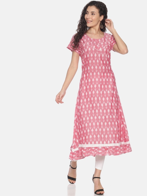 Resha Women Pink & White Ikat Printed Khadi Handloom Kurta