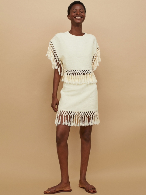 

H&M Women Cream Solid Fringed Skirt