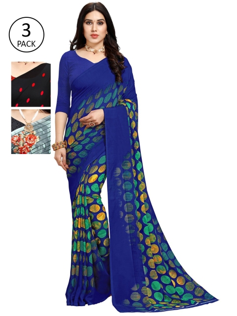 

KALINI Pack of 3 Poly Georgette Printed Sarees, Black