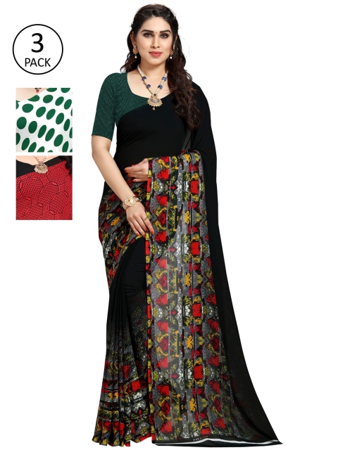 

KALINI Women Pack of 3 Printed Poly Georgette Sarees, Green