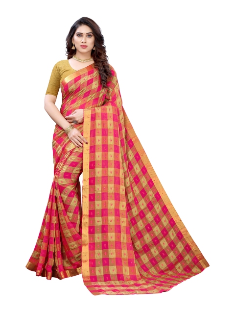 

KALINI Magenta & Gold-Toned Checked Zari Pure Chiffon Saree