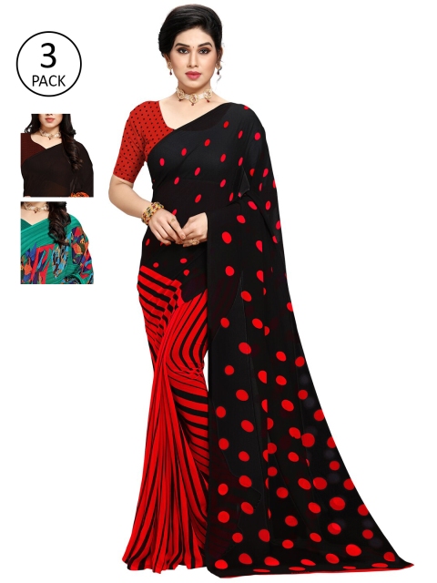 

KALINI Pack of 3 Poly Georgette Sarees, Red