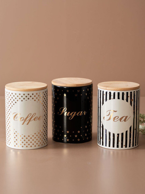 

THEDECORKART Set Of 3 Printed Tea Coffee Sugar Canisters, Black