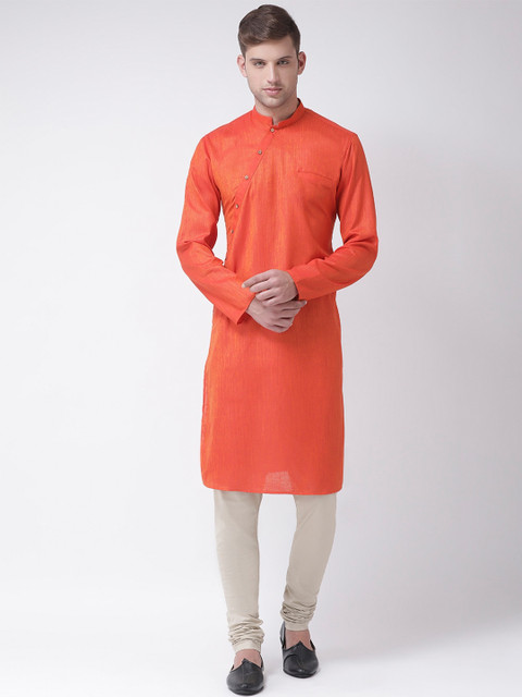 

TABARD Men Orange Pleated Pure Cotton Kurta with Churidar