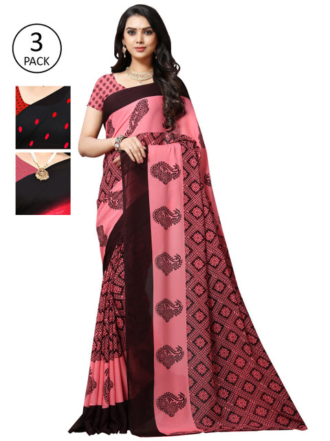 

KALINI Pack of 3 Poly Georgette Printed Sarees, Red