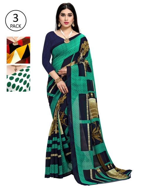 

KALINI Pack Of 3 Poly Georgette Printed Sarees, Yellow