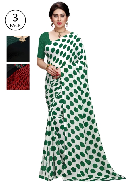 

KALINI Women Pack of 3 Printed Poly Georgette Sarees, Green