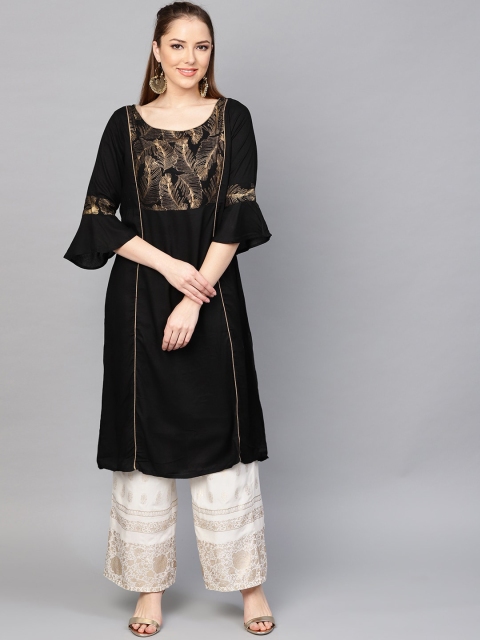 

RARE Women Black & Gold-Toned Ethnic Motifs Yoke Design Flared Sleeves Kurta