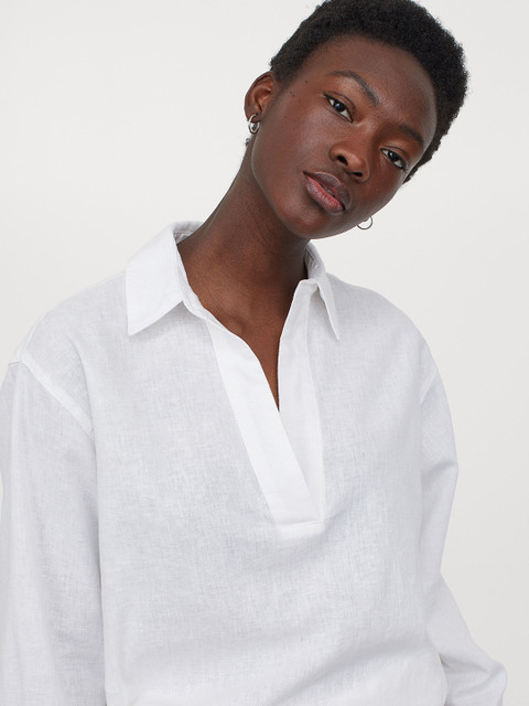 

H&M Women White Solid Linen Blend Shirt