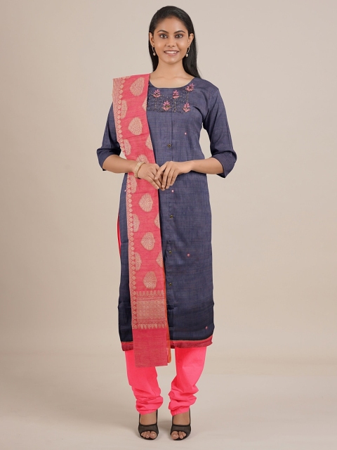 

Pothys Navy Blue & Pink Unstitched Dress Material
