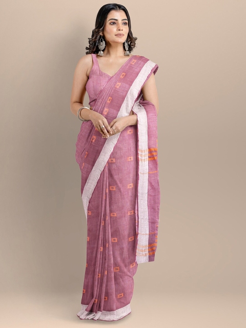 

BharatSthali Purple & Peach-Coloured Ethnic Motifs Silk Cotton Mangalagiri Saree