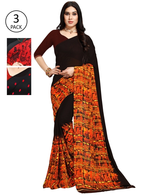

KALINI Women Pack of 3 Printed Poly Georgette Sarees, Black