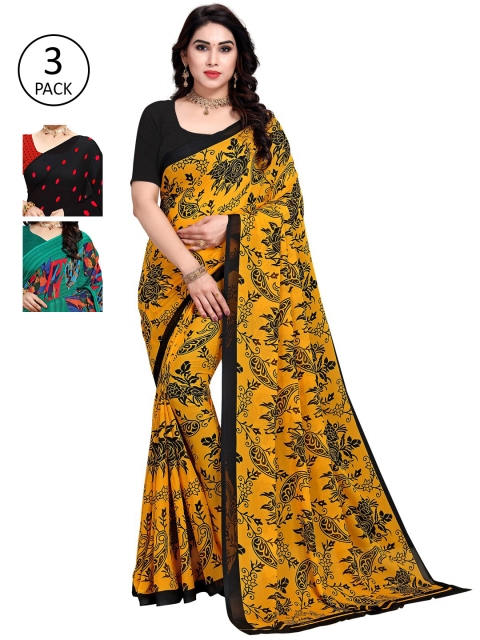 

KALINI Pack of 3 Poly Georgette Sarees, Yellow