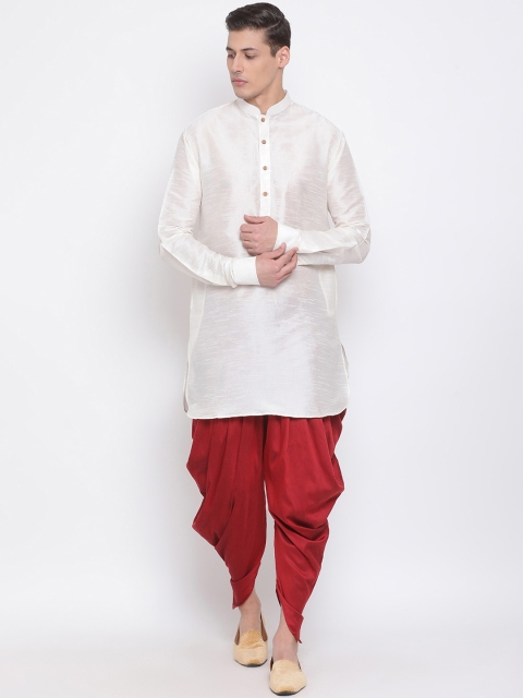 

VASTRAMAY Men Cream-Coloured & Maroon Kurta with Dhoti Pants