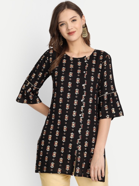 

Anubhutee Black & Gold-Toned Printed Flared Sleeves Kurti