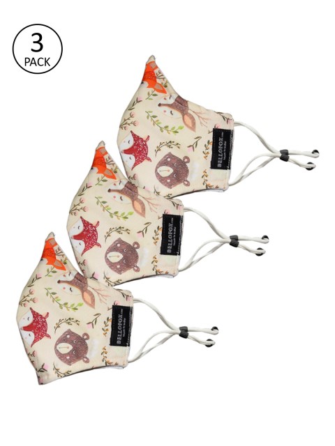 

Bellofox Unisex Pack Of 3 Printed 3-Ply Reusable Cotton Cloth Face Masks, Cream