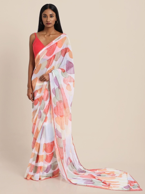 

Suta White & Peach Printed Poly Chiffon Saree