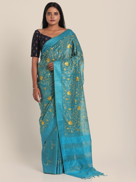 

Suta Blue & Yellow Floral Embroidered Polyester Saree