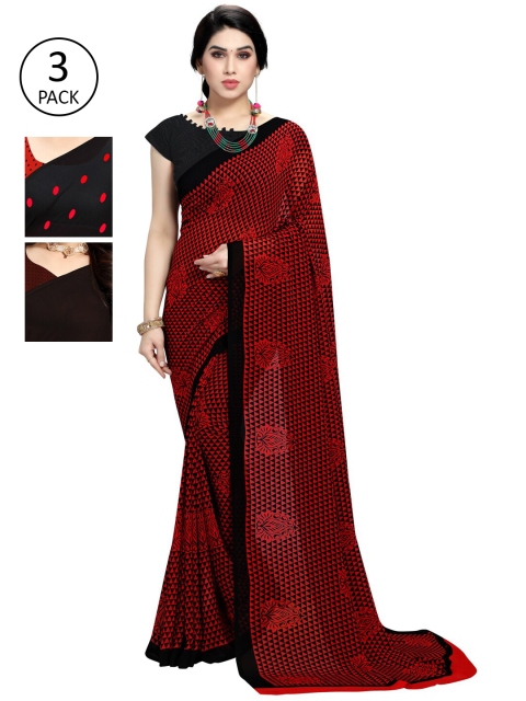

KALINI Pack Of 3 Poly Georgette Sarees, Red