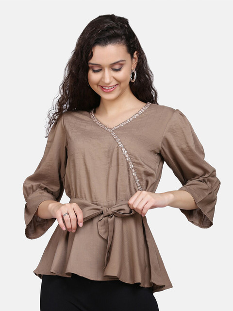 

Sugathari Brown Bell Sleeve Crepe Wrap Top