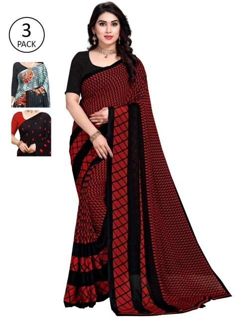 

KALINI Pack of 3 Poly Georgette Printed Sarees, Red