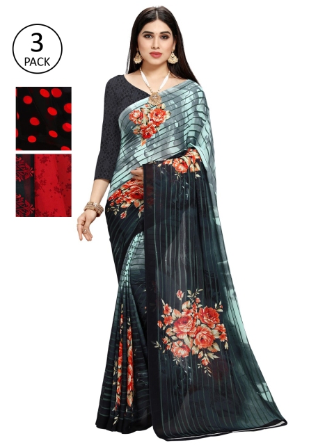 

KALINI Pack of 3 Poly Georgette Printed Sarees, Orange