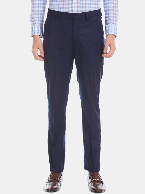 

U S Polo Assn Men Navy Blue Textured Formal Trousers
