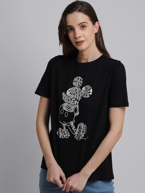 

Free Authority Women Black Mickey Mouse Printed Pure Cotton T-shirt