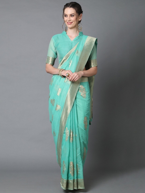 

Mitera Turquoise Blue & Gold-Toned Ethnic Motifs Zari Silk Blend Banarasi Saree